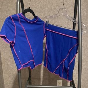 Blue and pink crop top matching mini skirt